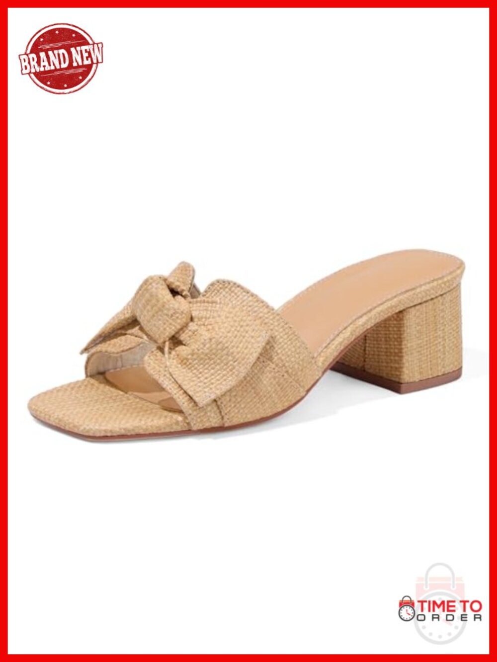 Women's Block Heel Raffia Sandals Square Toe Bow Slip On Mules